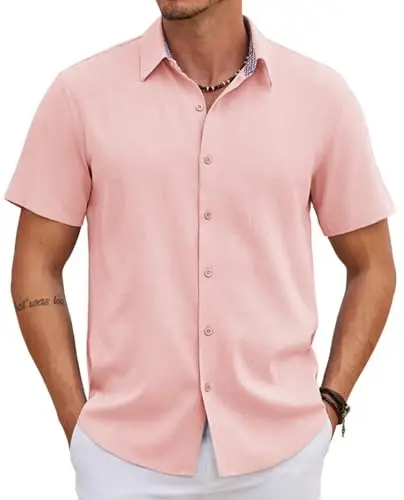 COOFANDY Mens Linen Shirt Casual Short Sleeve Button Down Shirts Summer Beach Vacation Tops - 1