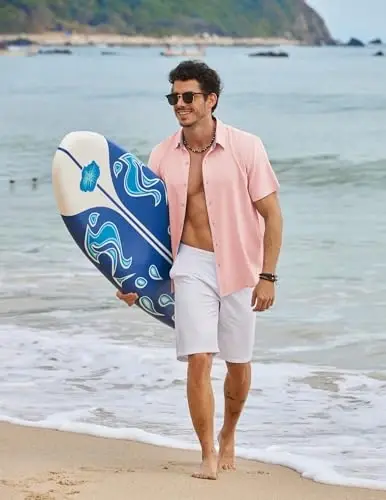 COOFANDY Mens Linen Shirt Casual Short Sleeve Button Down Shirts Summer Beach Vacation Tops - 3