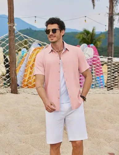 COOFANDY Mens Linen Shirt Casual Short Sleeve Button Down Shirts Summer Beach Vacation Tops - 4