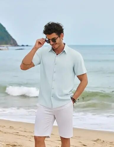 COOFANDY Mens Linen Shirt Casual Short Sleeve Button Down Shirts Summer Beach Vacation Tops - COOFANDY (1)