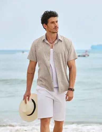 COOFANDY Mens Linen Shirt Casual Short Sleeve Button Down Shirts Summer Beach Vacation Tops - COOFANDY (1)