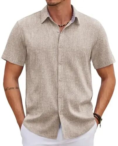 COOFANDY Mens Linen Shirt Casual Short Sleeve Button Down Shirts Summer Beach Vacation Tops - 1