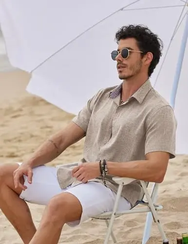 COOFANDY Mens Linen Shirt Casual Short Sleeve Button Down Shirts Summer Beach Vacation Tops - 3
