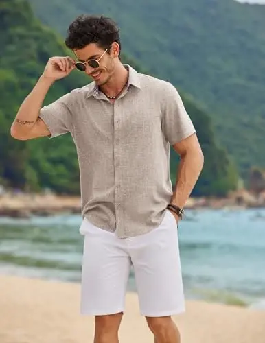 COOFANDY Mens Linen Shirt Casual Short Sleeve Button Down Shirts Summer Beach Vacation Tops - 4