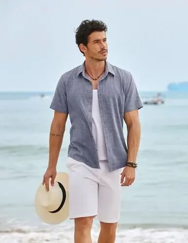 COOFANDY Mens Linen Shirt Casual Short Sleeve Button Down Shirts Summer Beach Vacation Tops - COOFANDY (1)