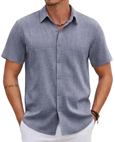 COOFANDY Mens Linen Shirt Casual Short Sleeve Button Down Shirts Summer Beach Vacation Tops - COOFANDY