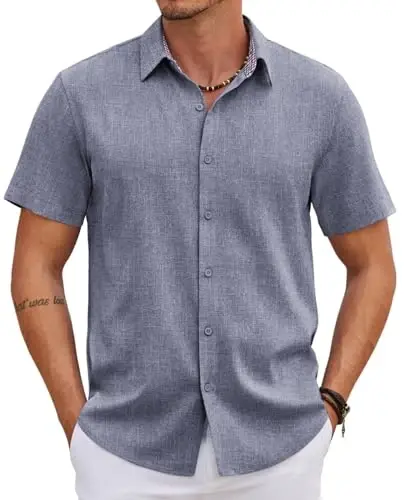 COOFANDY Mens Linen Shirt Casual Short Sleeve Button Down Shirts Summer Beach Vacation Tops - 1