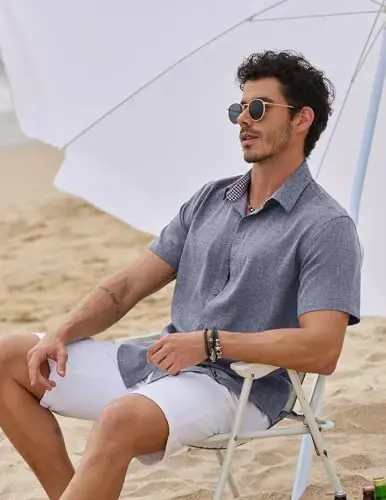 COOFANDY Mens Linen Shirt Casual Short Sleeve Button Down Shirts Summer Beach Vacation Tops - 3