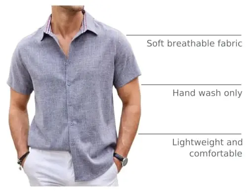 COOFANDY Mens Linen Shirt Casual Short Sleeve Button Down Shirts Summer Beach Vacation Tops - 4