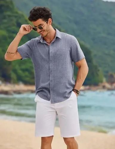COOFANDY Mens Linen Shirt Casual Short Sleeve Button Down Shirts Summer Beach Vacation Tops - 5