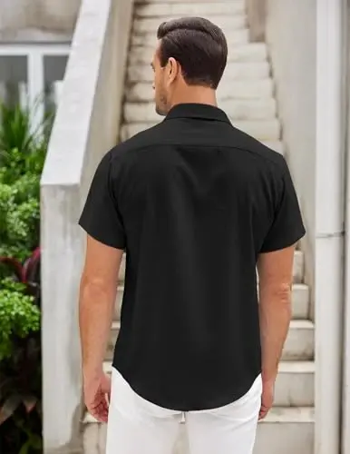 COOFANDY Mens Linen Shirt Short Sleeve Tugmalar bilan pastga tushadigan ko'ylaklar Tasodifiy katakli yoqali yozgi plyaj ko'ylaklari - 5