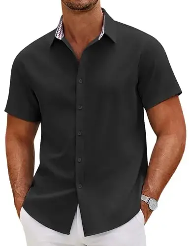 COOFANDY Mens Linen Shirt Short Sleeve Tugmalar bilan pastga tushadigan ko'ylaklar Tasodifiy katakli yoqali yozgi plyaj ko'ylaklari - 1