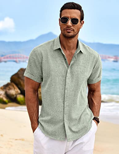 COOFANDY Men's Linen Shirts Short Sleeve Casual Shirts Button Down Shirt for Men Beach Summer Wedding Shirt - 6