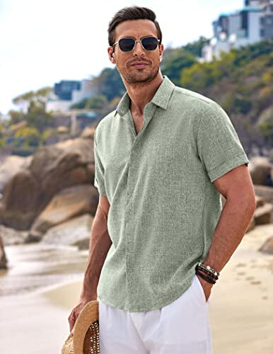 COOFANDY Men's Linen Shirts Short Sleeve Casual Shirts Button Down Shirt for Men Beach Summer Wedding Shirt - 3