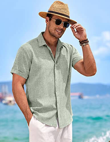 COOFANDY Men's Linen Shirts Short Sleeve Casual Shirts Button Down Shirt for Men Beach Summer Wedding Shirt - 4