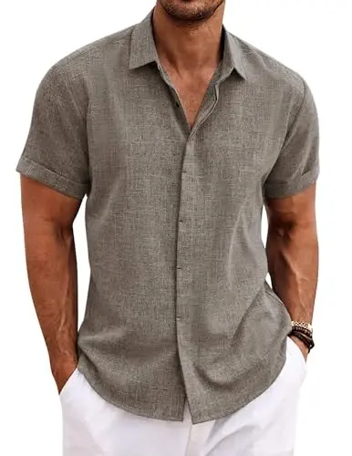 COOFANDY Men's Linen Shirts Short Sleeve Casual Shirts Button Down Shirt for Men Beach Summer Wedding Shirt 