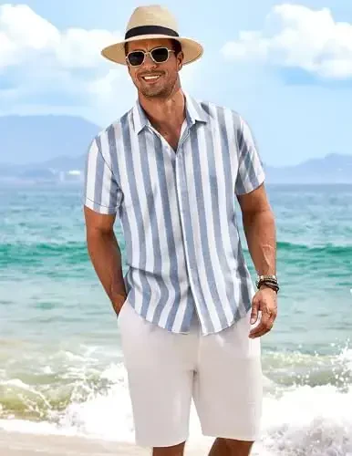 COOFANDY Men's Linen Shirts Short Sleeve Casual Shirts Button Down Shirt for Men Beach Summer Wedding Shirt - 3