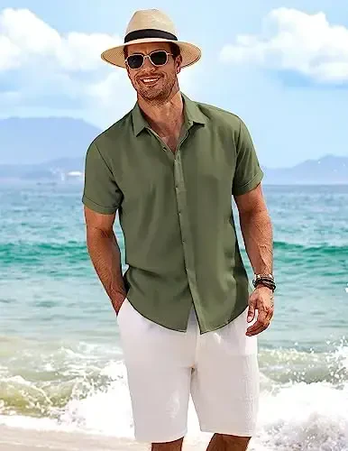 COOFANDY Men's Linen Shirts Short Sleeve Casual Shirts Button Down Shirt for Men Beach Summer Wedding Shirt - 2