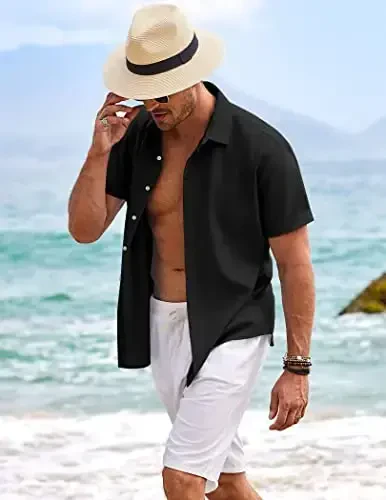 COOFANDY Men's Linen Shirts Short Sleeve Casual Shirts Button Down Shirt for Men Beach Summer Wedding Shirt - 3