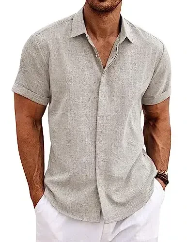 COOFANDY Men's Linen Shirts Short Sleeve Casual Shirts Button Down Shirt for Men Beach Summer Wedding Shirt 