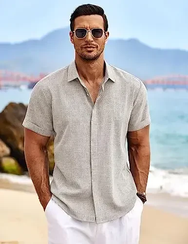 COOFANDY Men's Linen Shirts Short Sleeve Casual Shirts Button Down Shirt for Men Beach Summer Wedding Shirt - 3