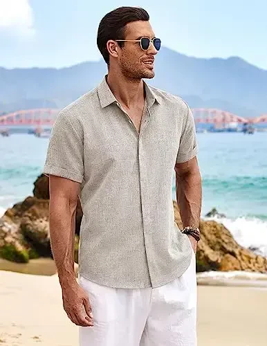 COOFANDY Men's Linen Shirts Short Sleeve Casual Shirts Button Down Shirt for Men Beach Summer Wedding Shirt - 4