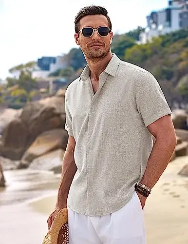 COOFANDY Men's Linen Shirts Short Sleeve Casual Shirts Button Down Shirt for Men Beach Summer Wedding Shirt - COOFANDY (1)