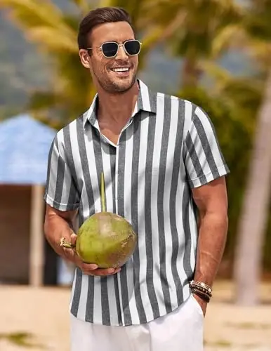 COOFANDY Men's Linen Shirts Short Sleeve Casual Shirts Button Down Shirt for Men Beach Summer Wedding Shirt - 5