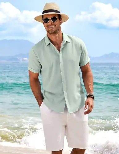 COOFANDY Men's Linen Shirts Short Sleeve Casual Shirts Button Down Shirt for Men Beach Summer Wedding Shirt - 3