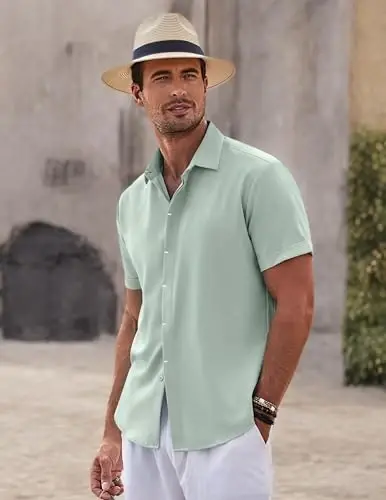 COOFANDY Men's Linen Shirts Short Sleeve Casual Shirts Button Down Shirt for Men Beach Summer Wedding Shirt - 6