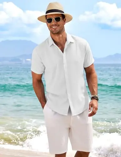 COOFANDY Men's Linen Shirts Short Sleeve Casual Shirts Button Down Shirt for Men Beach Summer Wedding Shirt - 3