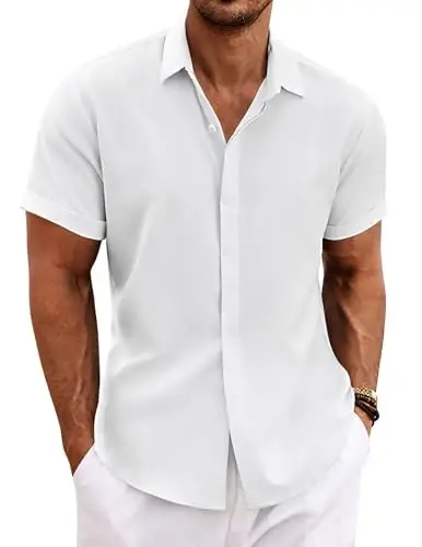 COOFANDY Men's Linen Shirts Short Sleeve Casual Shirts Button Down Shirt for Men Beach Summer Wedding Shirt 
