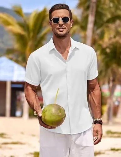 COOFANDY Men's Linen Shirts Short Sleeve Casual Shirts Button Down Shirt for Men Beach Summer Wedding Shirt - COOFANDY (1)