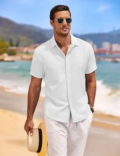 COOFANDY Men's Linen Shirts Short Sleeve Casual Shirts Button Down Shirt for Men Beach Summer Wedding Shirt - 4