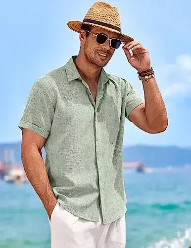 COOFANDY Men's Linen Shirts Short Sleeve Casual Shirts Button Down Shirt for Men Beach Summer Wedding Shirt - 4