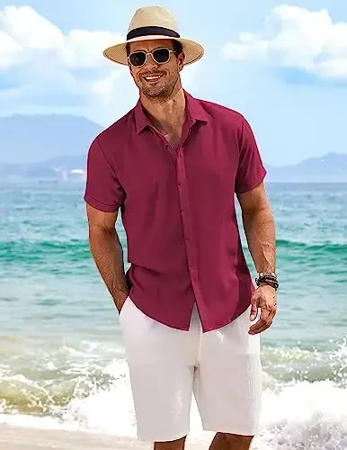 COOFANDY Men's Linen Shirts Short Sleeve Casual Shirts Button Down Shirt for Men Beach Summer Wedding Shirt - 3