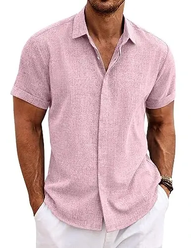 COOFANDY Men's Linen Shirts Short Sleeve Casual Shirts Button Down Shirt for Men Beach Summer Wedding Shirt - 1