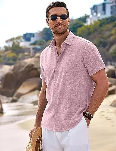 COOFANDY Men's Linen Shirts Short Sleeve Casual Shirts Button Down Shirt for Men Beach Summer Wedding Shirt - 2