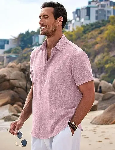 COOFANDY Men's Linen Shirts Short Sleeve Casual Shirts Button Down Shirt for Men Beach Summer Wedding Shirt - 3