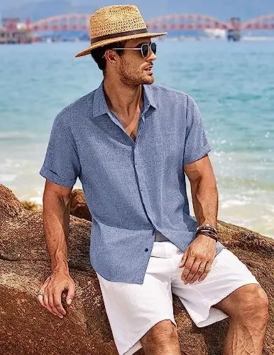 COOFANDY Men's Linen Shirts Short Sleeve Casual Shirts Button Down Shirt for Men Beach Summer Wedding Shirt - 4