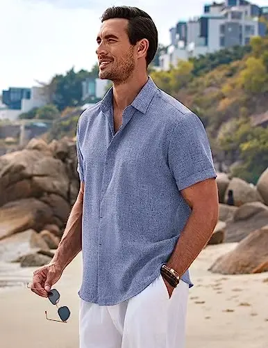 COOFANDY Men's Linen Shirts Short Sleeve Casual Shirts Button Down Shirt for Men Beach Summer Wedding Shirt - 3