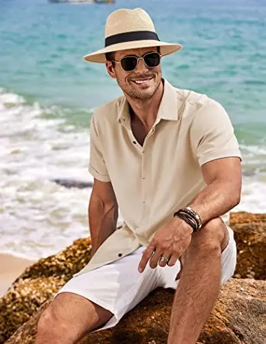 COOFANDY Men's Linen Shirts Short Sleeve Casual Shirts Button Down Shirt for Men Beach Summer Wedding Shirt - 4