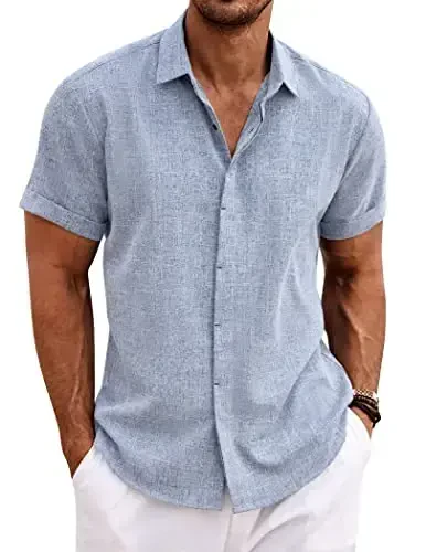 COOFANDY Men's Linen Shirts Short Sleeve Casual Shirts Button Down Shirt for Men Beach Summer Wedding Shirt 