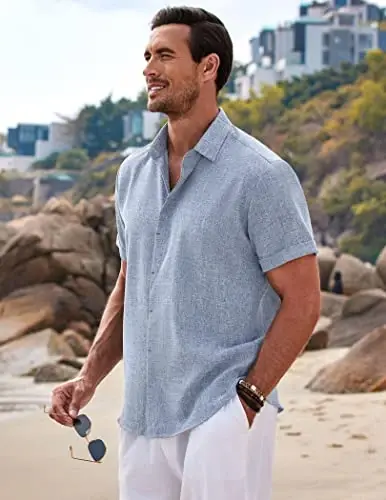 COOFANDY Men's Linen Shirts Short Sleeve Casual Shirts Button Down Shirt for Men Beach Summer Wedding Shirt - 3