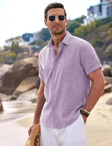 COOFANDY Men's Linen Shirts Short Sleeve Casual Shirts Button Down Shirt for Men Beach Summer Wedding Shirt - COOFANDY (1)