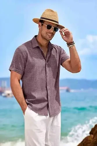 COOFANDY Men's Linen Shirts Short Sleeve Casual Shirts Button Down Shirt for Men Beach Summer Wedding Shirt - 5