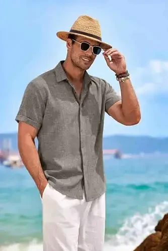 COOFANDY Men's Linen Shirts Short Sleeve Casual Shirts Button Down Shirt for Men Beach Summer Wedding Shirt - COOFANDY (1)