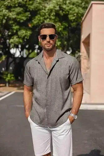 COOFANDY Men's Linen Shirts Short Sleeve Casual Shirts Button Down Shirt for Men Beach Summer Wedding Shirt - 5