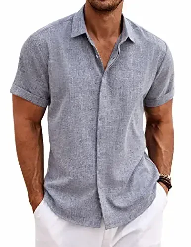 COOFANDY Men's Linen Shirts Short Sleeve Casual Shirts Button Down Shirt for Men Beach Summer Wedding Shirt 
