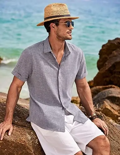 COOFANDY Men's Linen Shirts Short Sleeve Casual Shirts Button Down Shirt for Men Beach Summer Wedding Shirt - 4